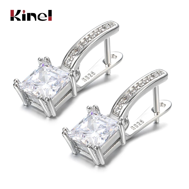 Kinel Simple Square Natural Zircon Earrings for Women Tibetan Silver Korean U Shape Drop Earring Bridal Wedding Jewelry Gifts