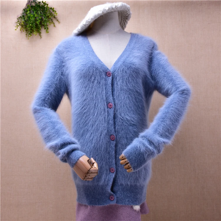 

ladies women autumn winter clothing hairy plush mink cashmere knitted v-neck slim cardigan angora fur jacket coat sweater pull