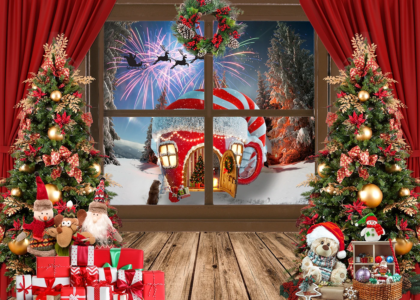 Capisco Mùa Đông Cửa Sổ Xứ Sở Thần Tiên Phông Nền Cây Giáng Sinh Quà Tặng Đông Lạnh Cảnh Tuyết Nền Pháo Hoa Đêm Merry Xmas Đảng