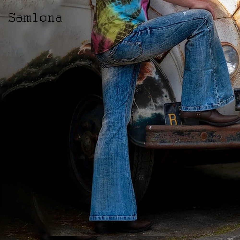 Samlona 2023 New Western Style Mens Sexy Jeans Demin Pants Slim Bottom Classic Fashion Denim Trousers Patchwork Flare Pants Men