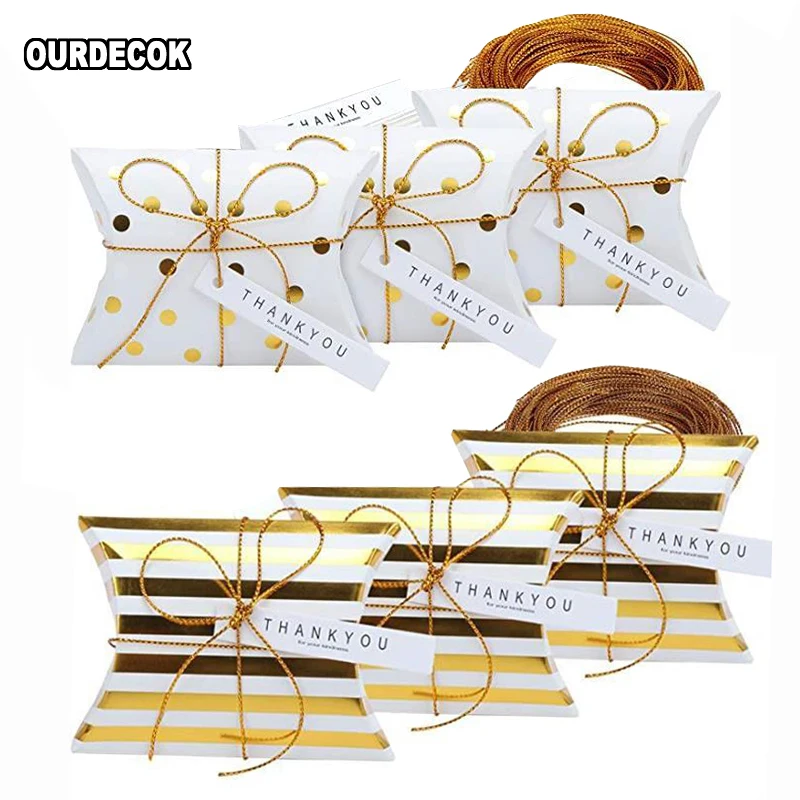 100pcs Gold Stamping Dot Stripe Cookie Box Pillow Shaped Dessert Box Cardboard Candy Box Baby Shower Party Supplies