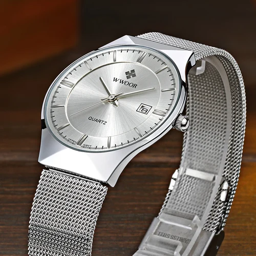 Imagen 2 del producto Relojes WWOOR plateados para hombre con malla de acero, marca superior de lujo, cuarzo ultrafino, resistente al agua, fecha, reloj de pulsera de negocios, caja Montre Homme