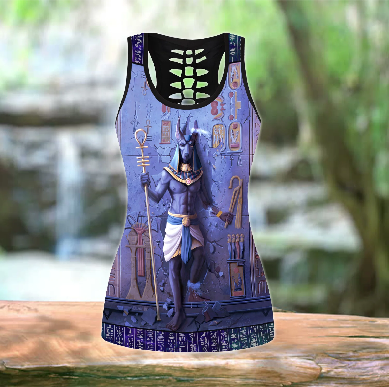 Anubis God Blue Ancient Egypt 3D Printed Hollow Tank Top & Leggings Set Fitness Female Full Length Leggings Yoga Pants LKB-25