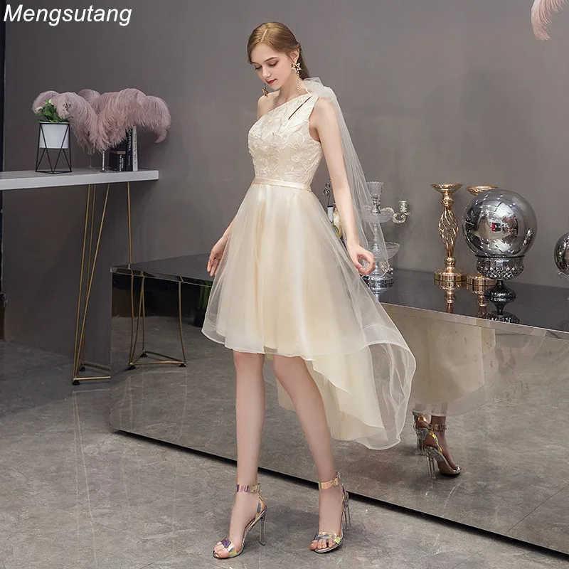 Robe de Soiree Champagne One Shoulder Lace Up vestido de Festaชุดราตรีสั้นด้านหน้าด้านหลังชุดปาร์ตี้พรหมชุด