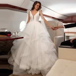 Sexy Deep V-neck Ruffle Tulle Wedding Dresses Customized Ball Gown Bride Dress Backless Robe de Mariage for women