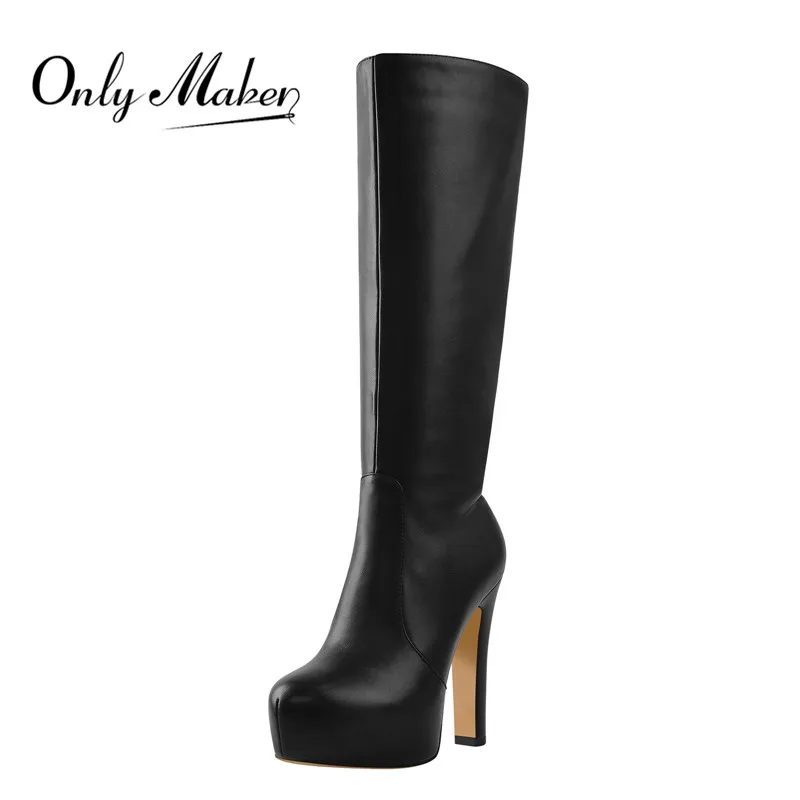 Onlymaker Women Knee High Boots Round Toe Black Matte Leopard  White Side Zipper Winter Fashion Party Dress Big Size Boots