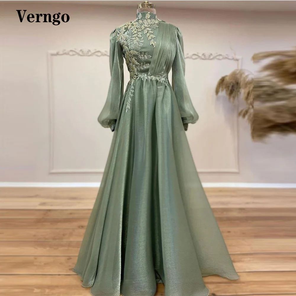 Verngo-Vestidos de Noche formales para mujer, traje de manga larga, cuello alto, encaje Floral, Azul Marino, Arabia Saudita, 2021