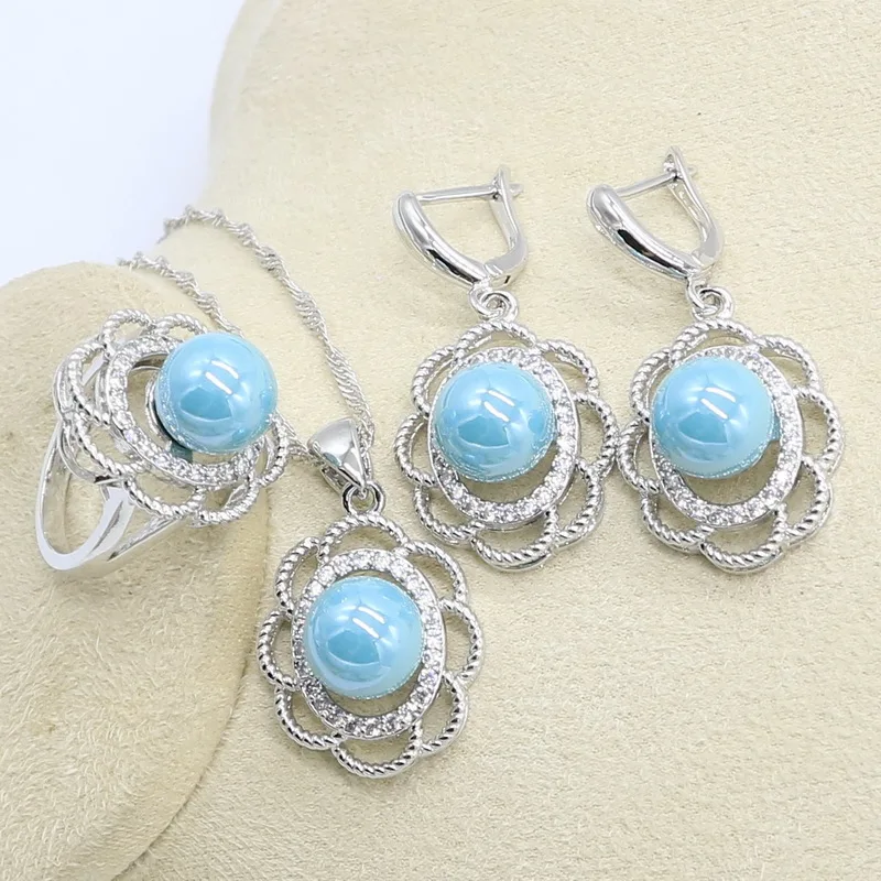 2022 Blue Freshwater Pearl 925 Silver Jewelry Set for Women Bracelet Earrings Necklace Pendant Ring Gift Box