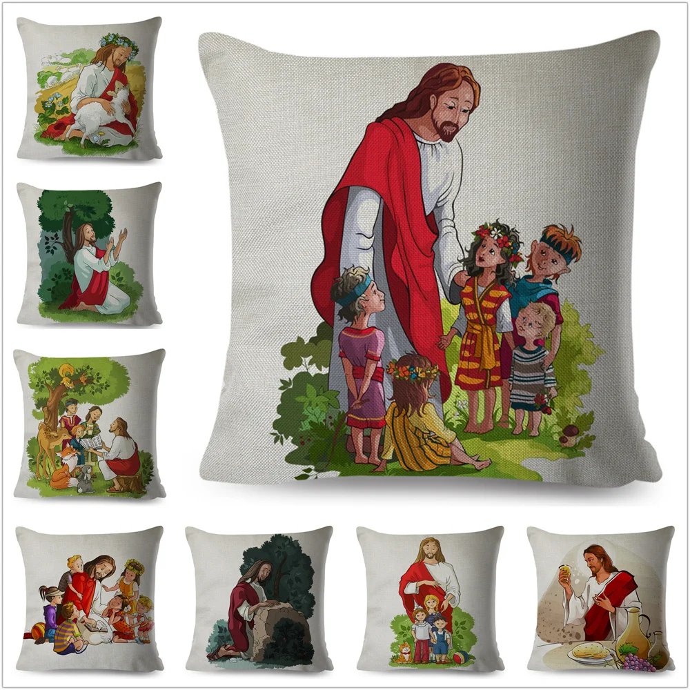 Cartoon Christian Jesus and Children Pillow Case 45*45cm Decor Cushion Cover for Car Sofa Home Pillowcase Pillows Covers