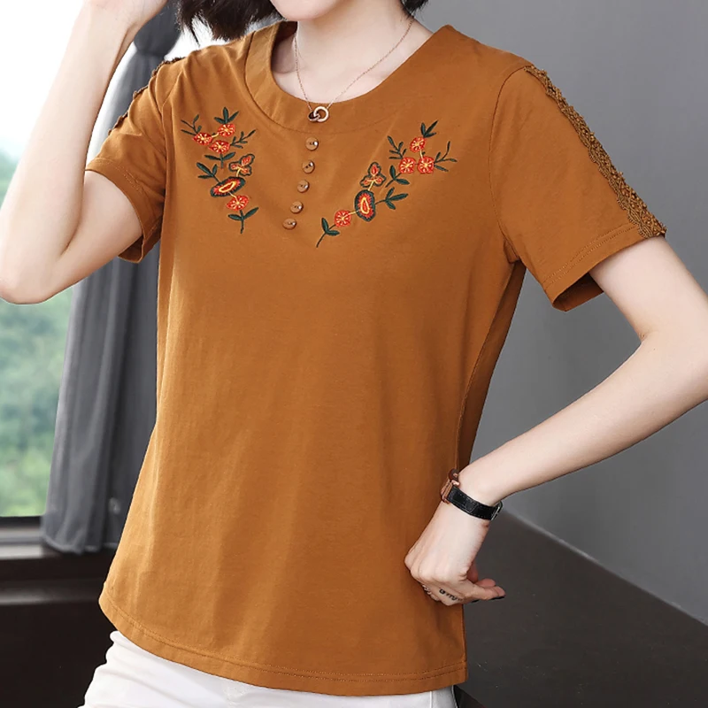 Shintimes Floral Embroidery T Shirt Women 2021 New Summer Tops Button T-Shirt Casual Cotton Korean Woman Clothes Tee Shirt Femme