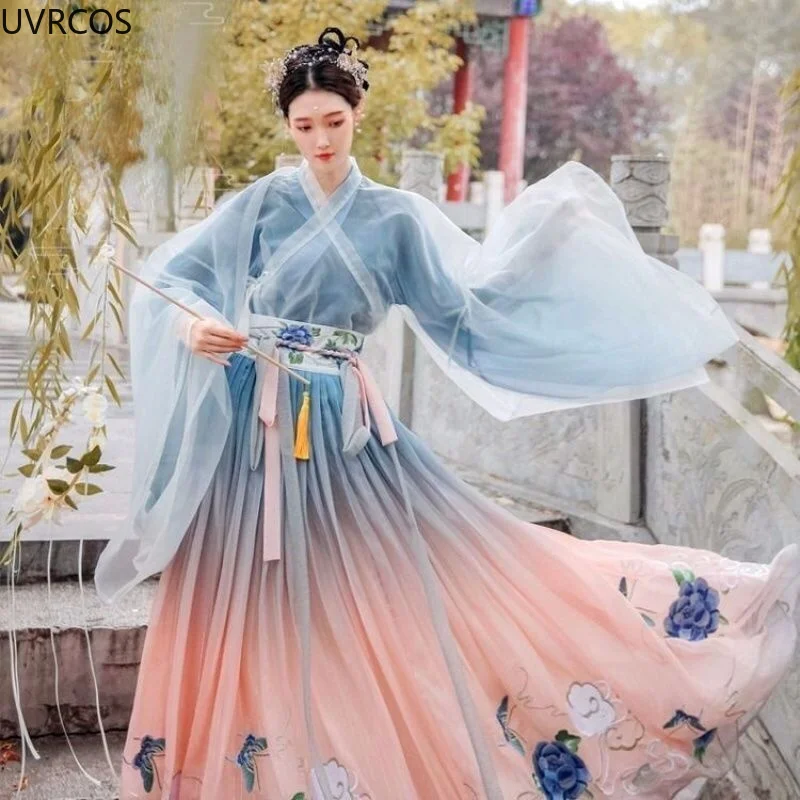 Pakaian Tradisional Cina Set Hanfu Kostum Cosplay Gaun Peri Bordir Cantik Wanita Pakaian Putri Gaya Oriental Kuno