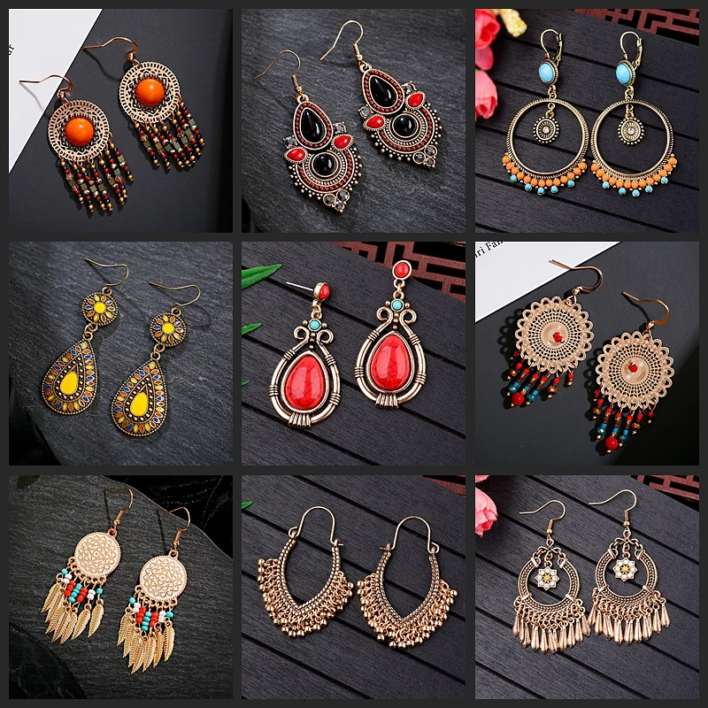 Ethnic Geometric Golden Color Indian Earrings Jewelry Vintage Red Stone Beads Statement Earrings For Women Bohemian Earings