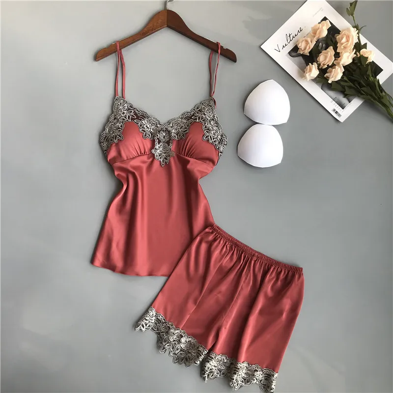 Lisacmvpnel Sexy Ice Silk Sling Shorts Pajamas Two-piece Set Thin Section Chest Pad V-Neck Sleepwear