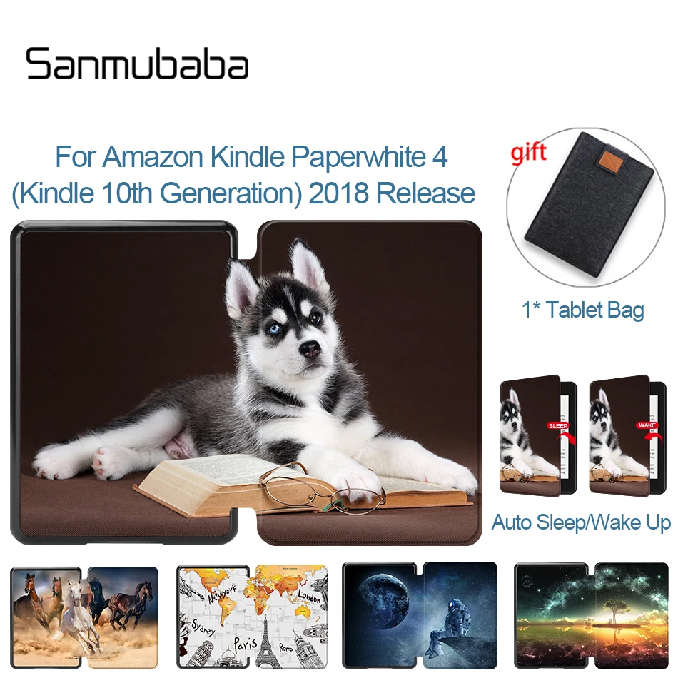 Sanmubaba Tabelt Case For Amazon Kindle Paperwhite 4 10th Generation 2018 PU Leather Protector Case Cute Dog Cat Cover EBook