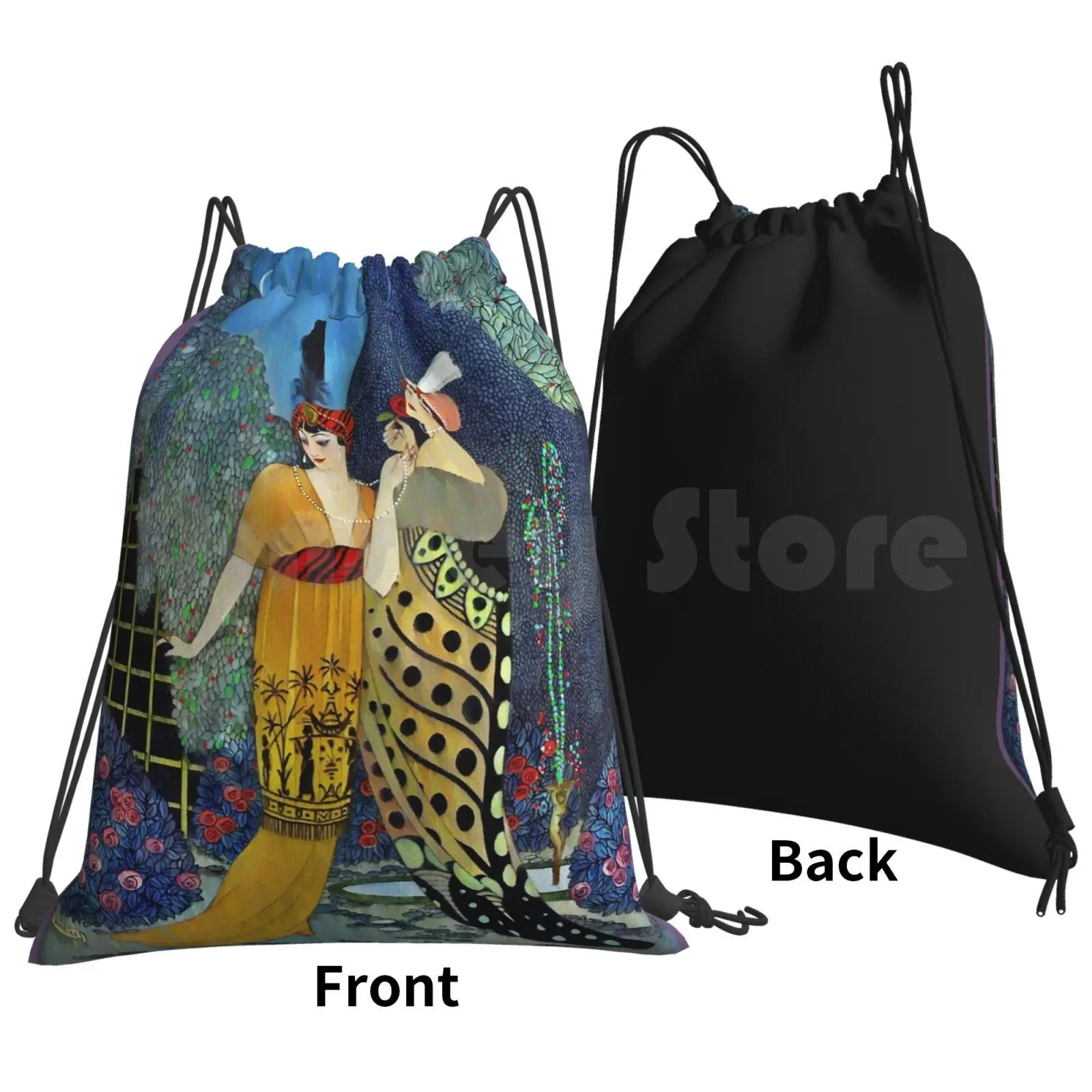 Art Deco Women In The Moonlight Backpack Drawstring Bags Gym Bag Waterproof Illustrations Women Art Antique Fashionable