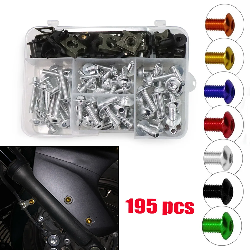 195PCS/Set Motorcycle Full Fairing Bolts Fasteners Kit Aluminum M5 M6 Bodywork Screws Nut Set For Yamaha Kawasaki Honda BMW