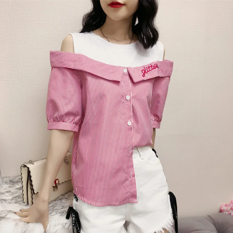 Fashion Women Short Sleeve Blouses Sexy Splice Off Shoulder Letter embroidery Shirts Fake Two Pieces Femme Stripe Shirt Tops