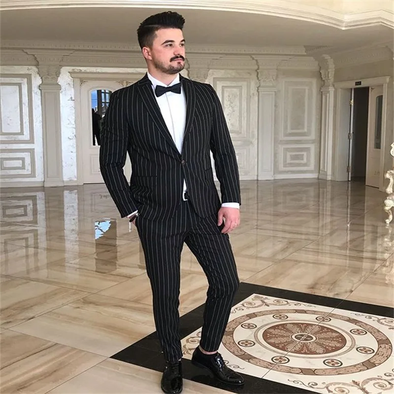 Newest Stripe Mens Suits 2 Piece ( Coat+Pants) Flat Lapel Solid Costume Homme Casual Prom Tuxedo Slim Fit Suit