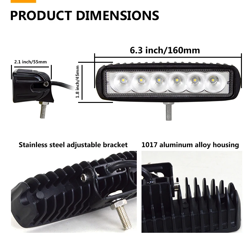 Auxting 6in 18W LED 작업 표시 줄 스포트 라이트 투광 램프 운전 안개 오프로드 LED 작업 자동차 라이트 SUV 4WD led 빔 12V 24V