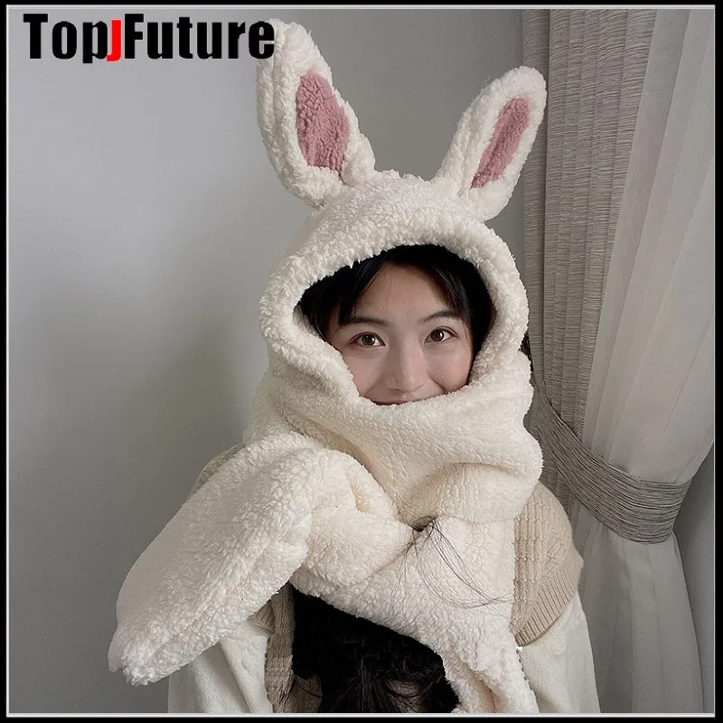 winter cute  girl women rabbit ears BUNNY EAR SCARF warm hat scarf wind proof neck scarf cap student birthday cuteGIFT