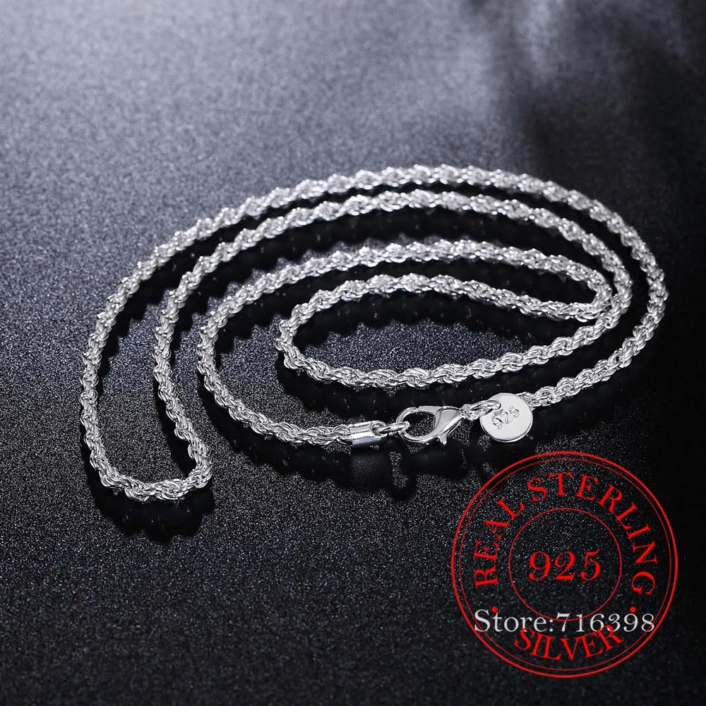 Real 100% 925 Sterling Silver Men\'s Fine Jewelry 3mm Twisted Rope Chain Necklace For Women 16-30inch Charm Necklaces Collar