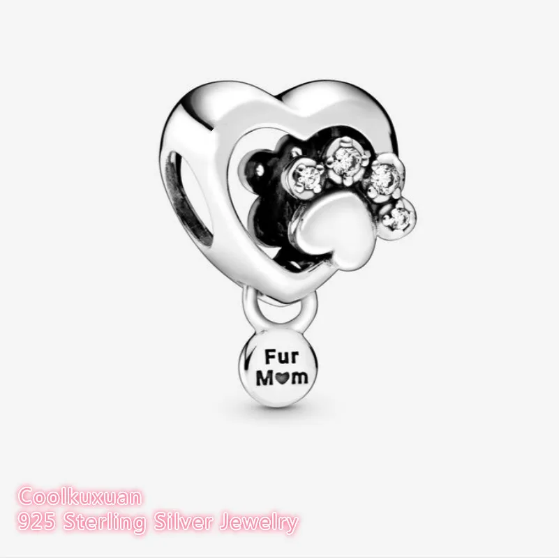 

Spring 100% Original 925 Sterling Silver Sparkling Paw Print & Heart Charm beads Fits Brand bracelets Jewelry Making