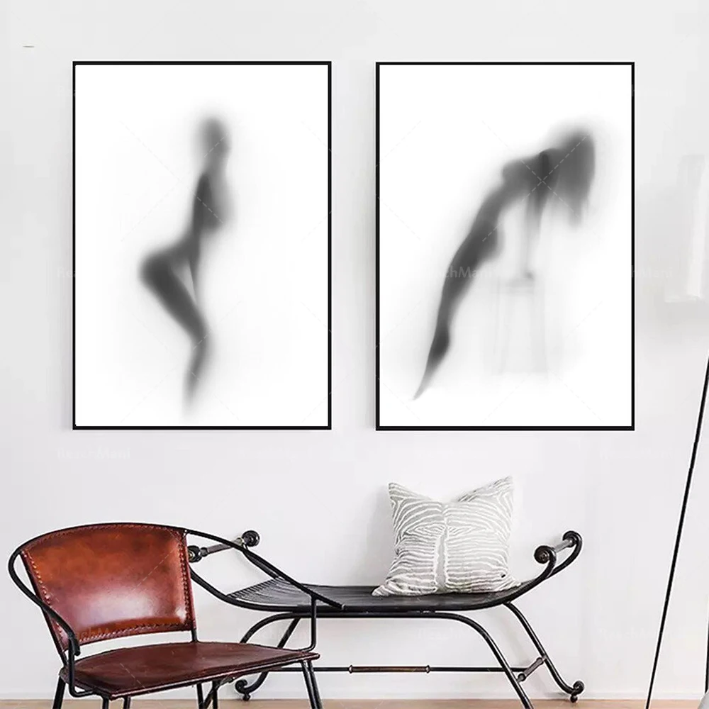 

Black and white abstract canvas, female nude girl shower canvas, lady wall decoration, Nordic artist residence decoration poster