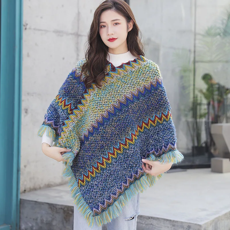 Ethnic Poncho Bohemian Style Winter Fashion Warm Brand Tassel Scarf Knitted Shawl For Women Foulard Pashmina