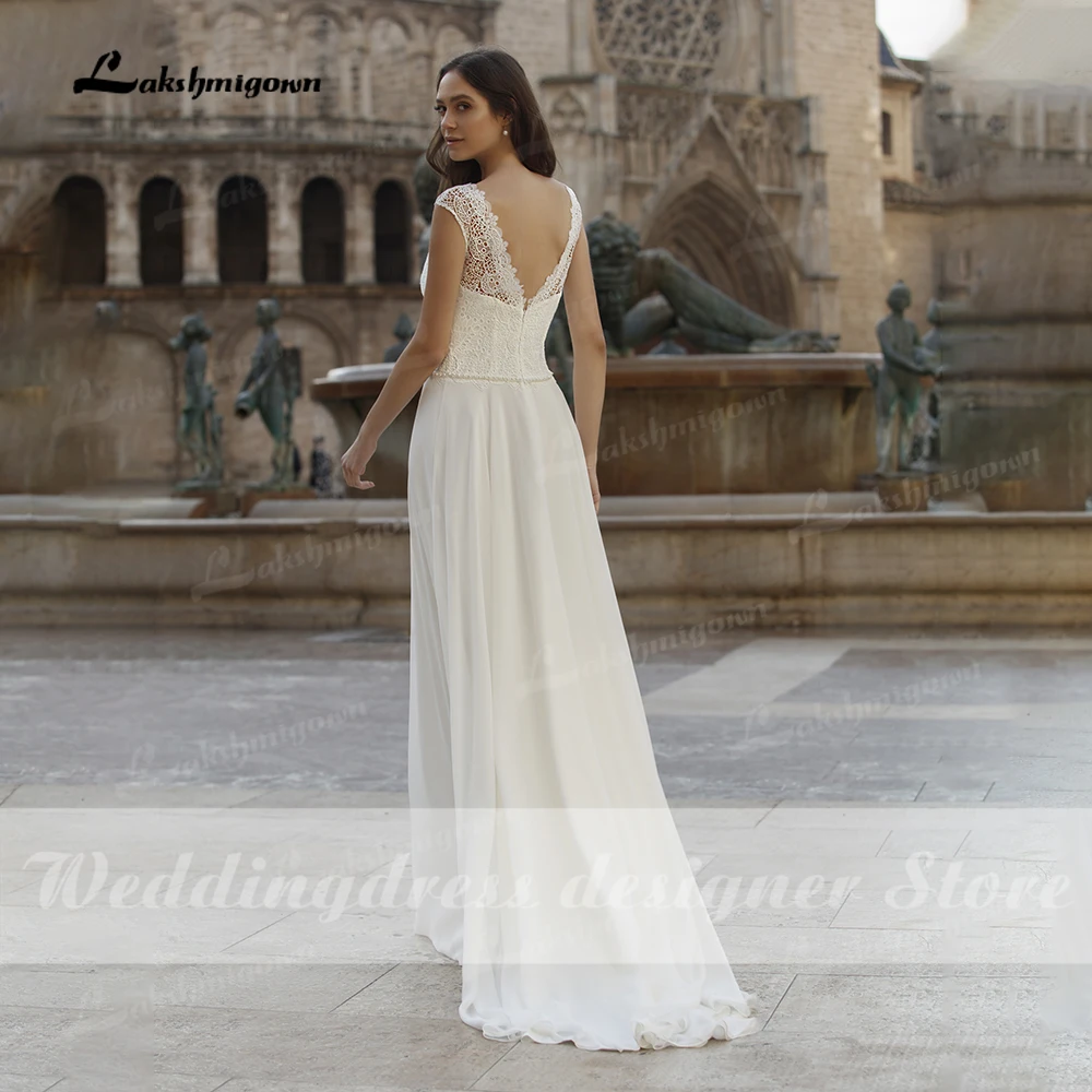 Boho Chiffon Hochzeit Kleid 2021 Scoop Neck Sweep Zug Spitze Kurze Kappe Hülse EINE Linie Brautkleider vestido de novia