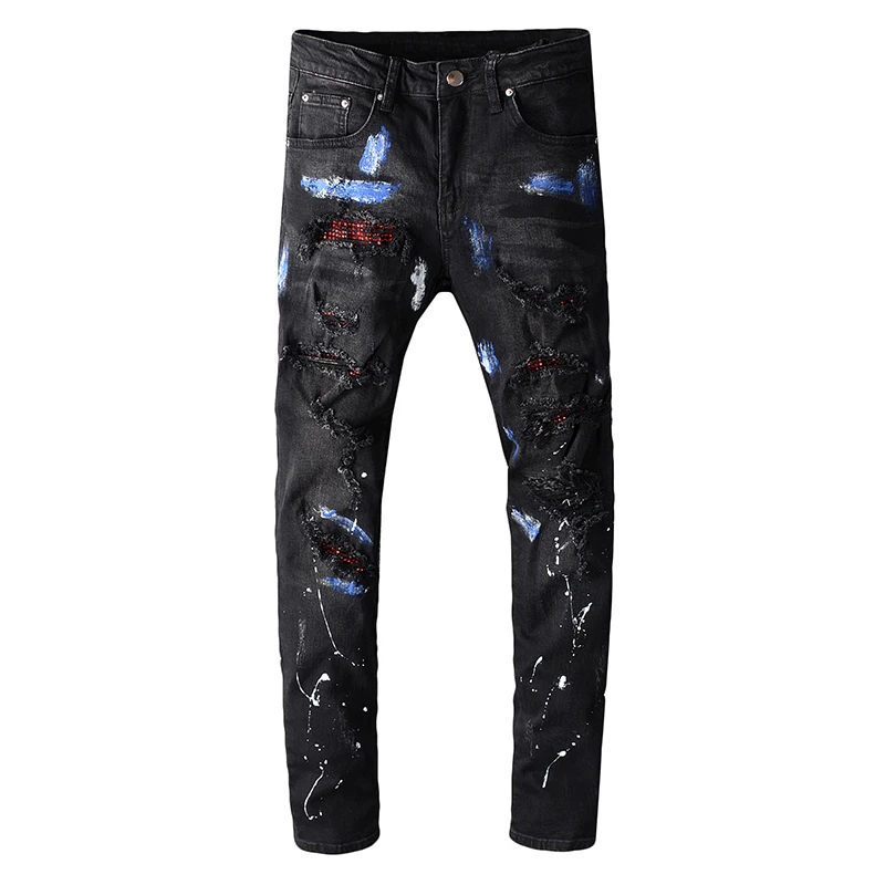 New Luxury Mens Crystal Blue Painted Black Jeans Fashion Slim Skinny Rhinestone Holes Ripped Patchwork Stretch Denim Pants 40