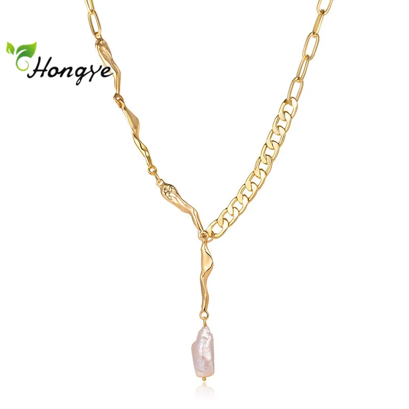 

Hongye Irregular Natural Pearl Chain Toggle Clasp Necklace For Women Gold Color Jewelry Asymmetric Pendant Gift 2021 Trendy