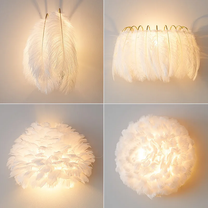 Nordic Feather Wall Lamp Modern Living Bedroom Girl Room Lighting Romantic Sconce Art Creative Luxury Gray Indoor Decor Light