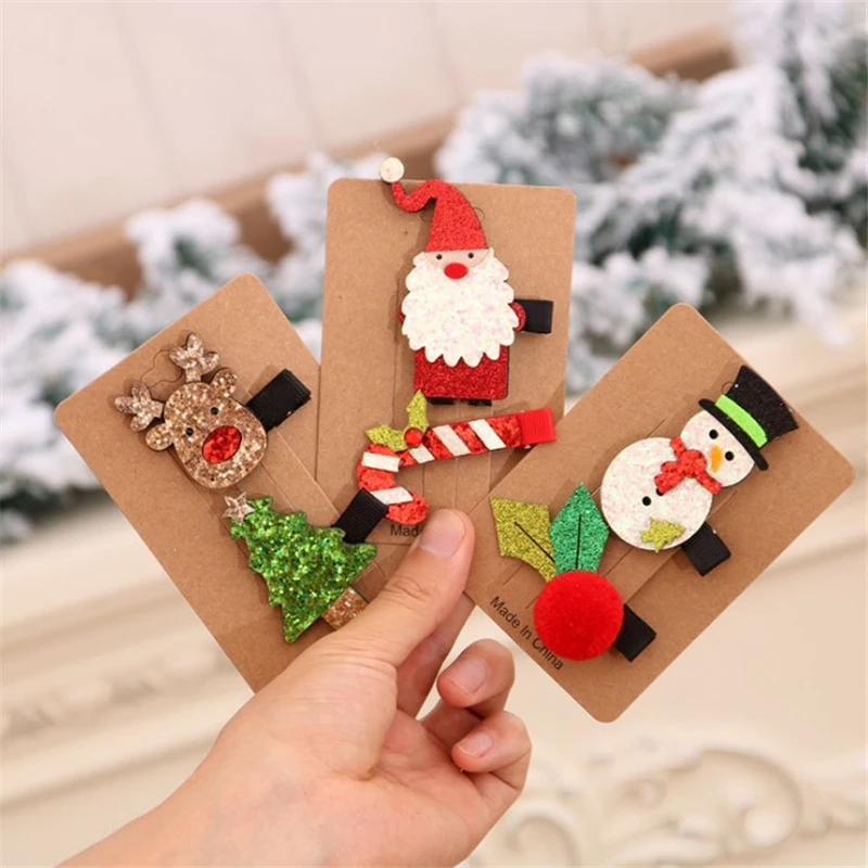 2pcs/set Christmas Hair Accessories Children's Hair Clip Girls Holiday Party Hairpins Santa Claus Deer Tree Hair Ornament