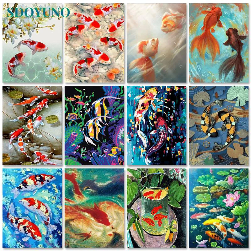 SDOYUNO Oil Painting By Numbers Fish 60x75cm Paint By Numbers On Canvas Carp Watercolor Animals Home Decor Unique Gift