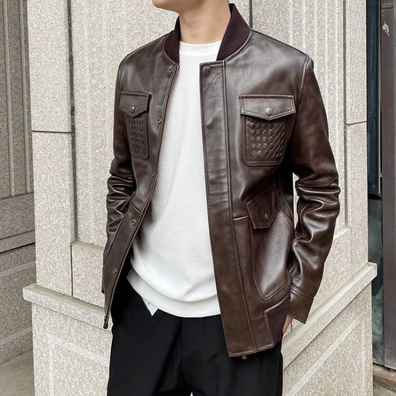 Quality High Oil Wax Genuine Leather Jacket Men Vintage Stand Collar Slim Autumn Business Casual Outerwear Mens Deerskin Coat