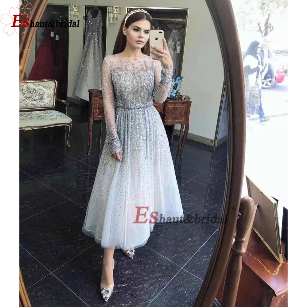 Elegant Evening Night Dresses for Women 2023 Long Sleeves O Neck A-Line Luxury Crystal Handmade Formal Prom Wedding Party Gowns