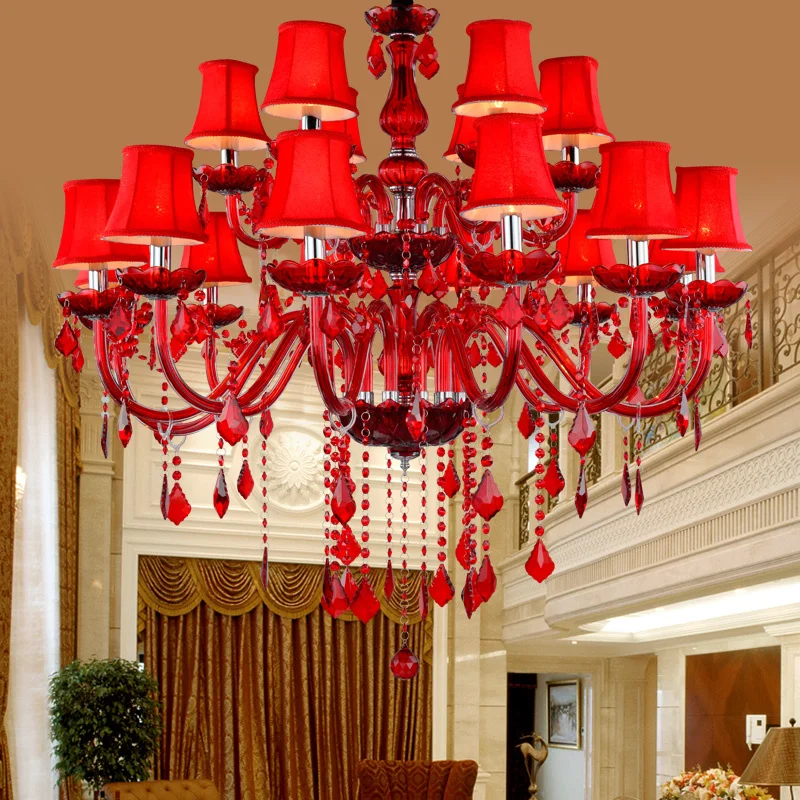 Red Wedding Chandelier Luxury Crystal Pendant Light for Foyer Bedroom Villa Hotel Lobby Bar Candle Hanging Lighting