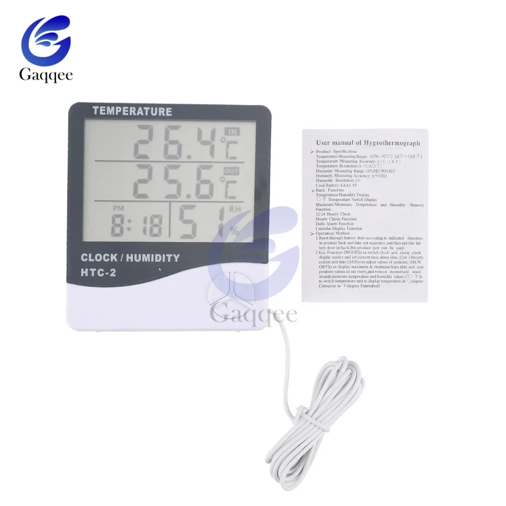 HTC-2 Temperature Humidity Meter Thermometer Hygrometer Indoor Outdoor Weather Station Clock HTC-2 LCD Digital Display