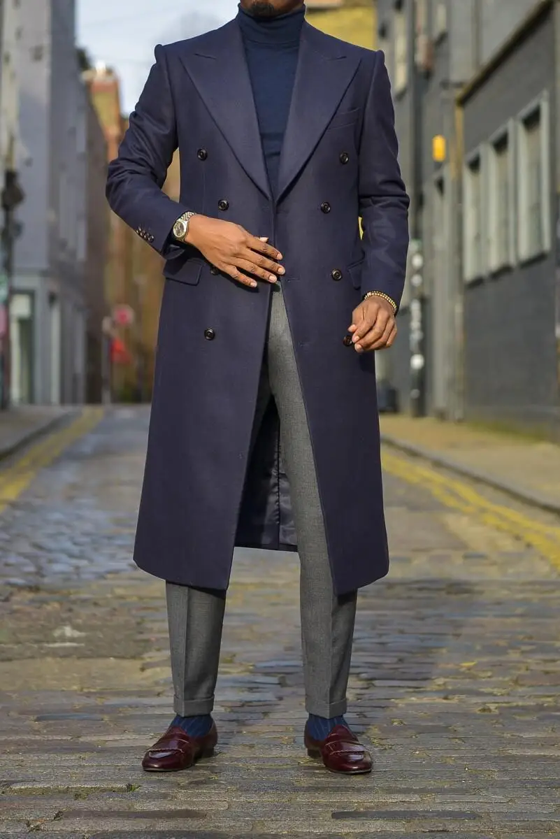 2024 New Style Winter Formal Party Men Suit Navy Blue Double Breasted Chic Long Jacket Outdoor Spring Coat 1 Pieces