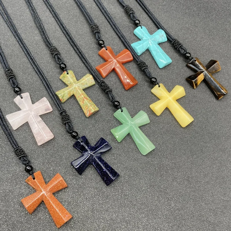 Qimoshi Handmade Natural Carved Gemstone Cross Pendant Necklace for Men & Women with Adjustable Rope Charms Jewelry Girls