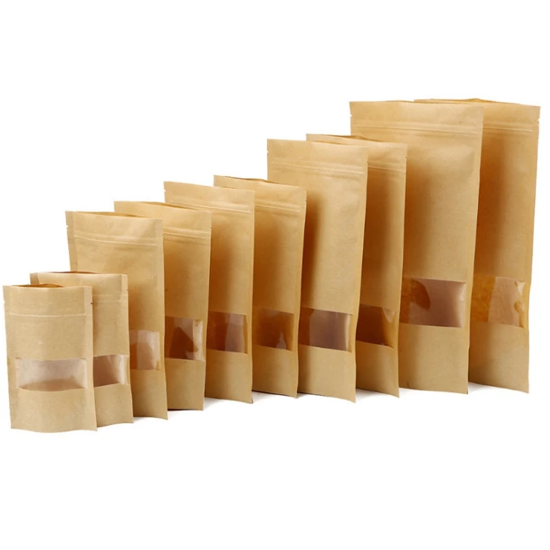 100Pcs 9*14cm 10*15cm 12*20cm 20*30cm 22*31 Kraft Paper Bag Stand up Storage Bags with Window Zipper Food Snack Nuts Pouch