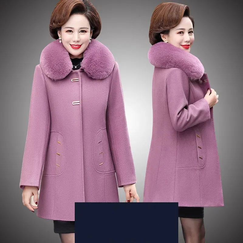 Winter Woolen Coat Mid-Length Thickened With Cotton Western-Style Middle-Aged Elderly Women Autumn Winter Woolen Jacket M327