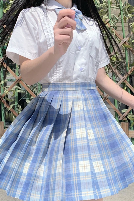 Japanischen College Wind JK Uniformen Kurzarm Studenten Weißes Hemd Hohe Taille Plaid Plissee Rock Stück Weibliche Sommer