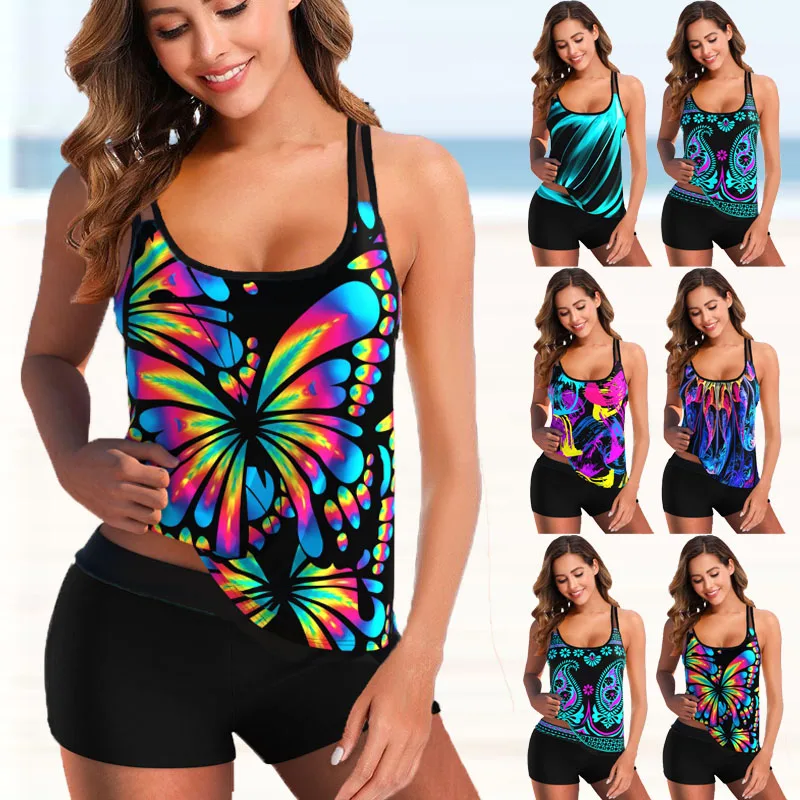 2022 New Plus Size Printed High Waist Two Pieces Tankinis Set Swimsuit Female Women Beachwear Swimwear Bather Bathing Suit