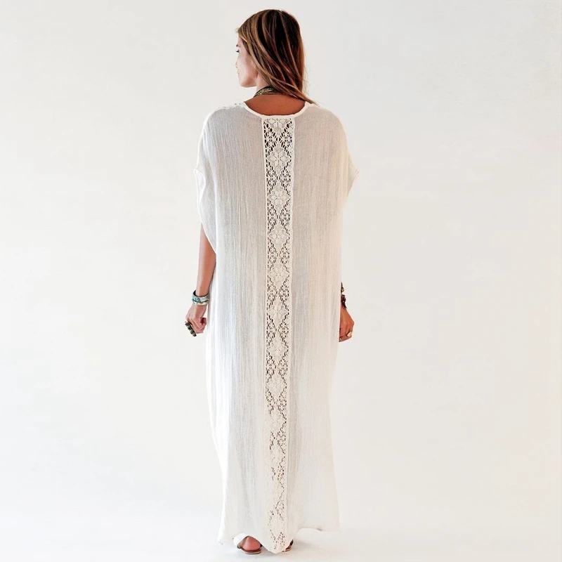 Solidny biały koronkowy długi strój kobiety lato przód HollowOut kwiatowy Ornament dekolt Kaftan elegancka sukienka Kaftan Rayon Resortwear Chic