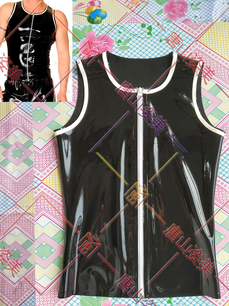 

MEN LATEX TOPS WITH WHITE TRIMS FRONT ZIP LATEX T-SHIRT