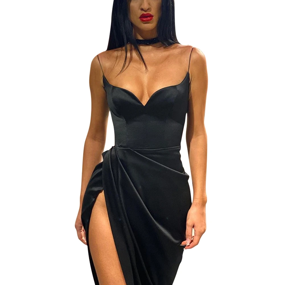 New Women Sexy Satin Silk Long Dress High Split Summer Dress Strap Sleeveless Evening Party Dresses V Neck Black Dresses