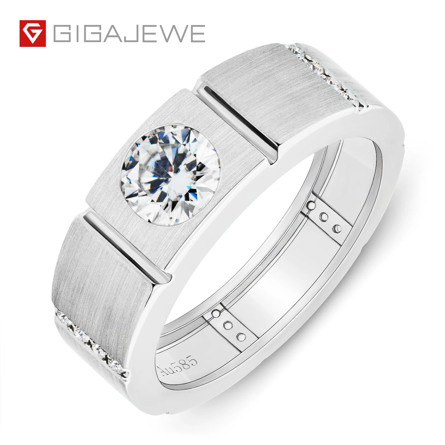 GIGAJEWE Mainstone 1.0ct 6.5mm D Color Moissanite Round Cut VVS1 18K White Gold Ring Jewelry Man Boyfriend Gift