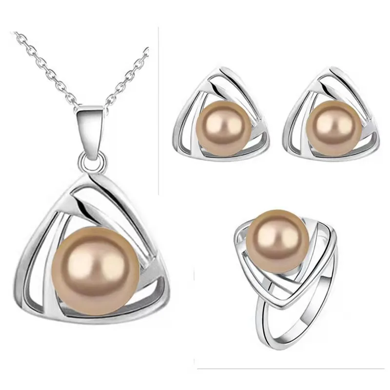 2021 Fashion casual triangular pearl Hollow out necklace + stud + ring 3 piece set Women\'s classic accessories jewelry set