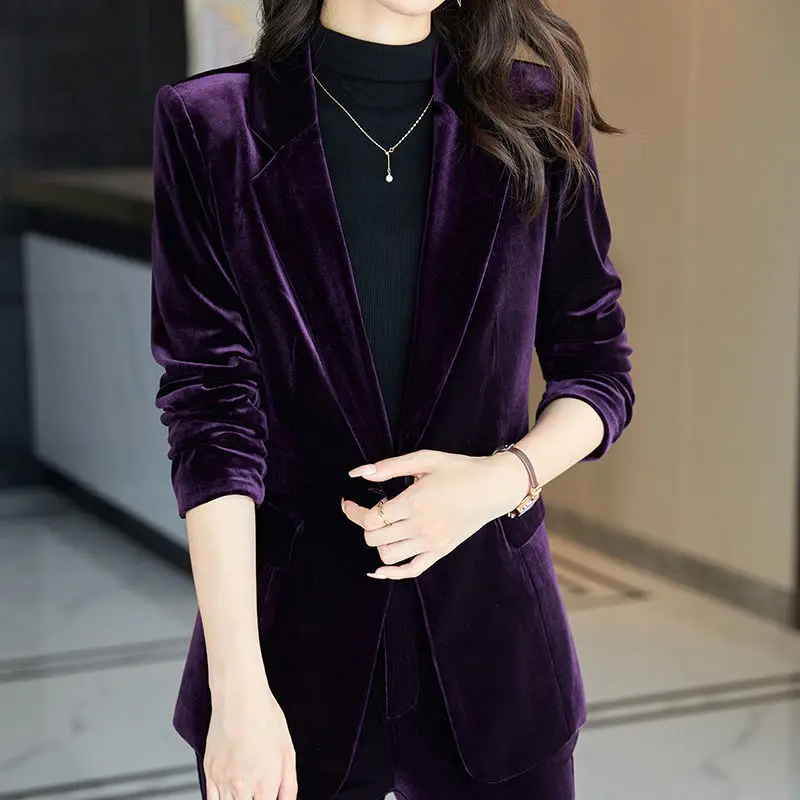 Giacca e pantaloni da donna High Sense of Purple Suit due pezzi primavera e autunno New Gold Velvet Office Professional Suit Km1253